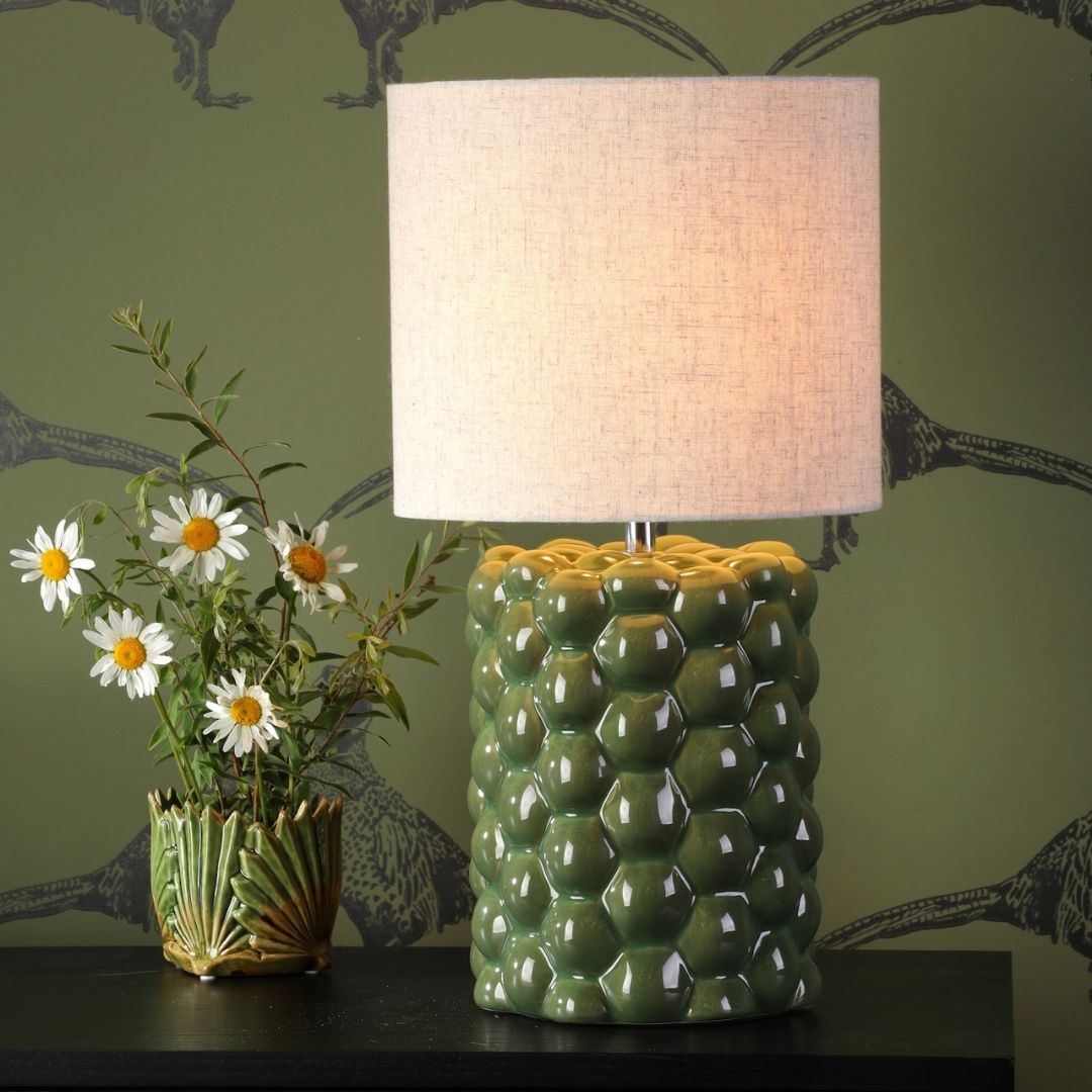 Freyza – Green Ceramic Table Lamp | 48 cm Forest Green Reactive Glaze Base with Natural Linen Shade