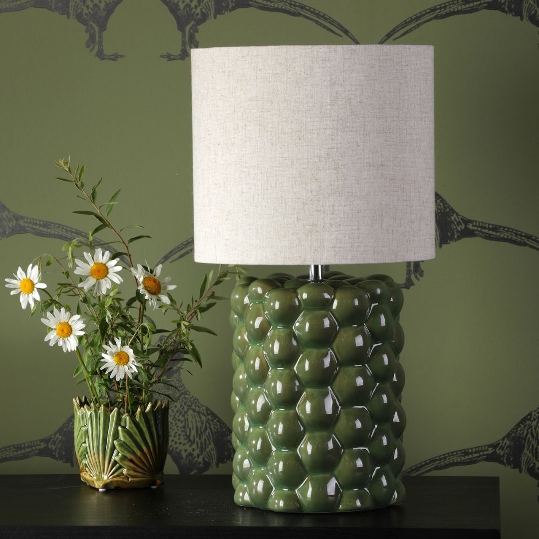 Freyza – Green Ceramic Table Lamp | 48 cm Forest Green Reactive Glaze Base with Natural Linen Shade