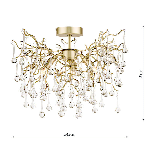 Freyza - Laura Ashley Willow 3 Light Semi Flush Satin Champagne with Crystal Raindrops