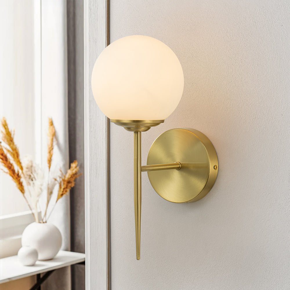 Freyza | Aether Mid-Century Minimalist Brass Glass Wall Sconce – Minimalist Living Room Hallway