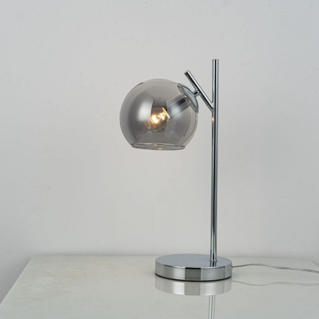 Freyza - Chrome & Smoke Glass Table Lamp | Modern Stacked Sphere Design | Elegant Bedside & Living Room Accent Light with Fabric Shade
