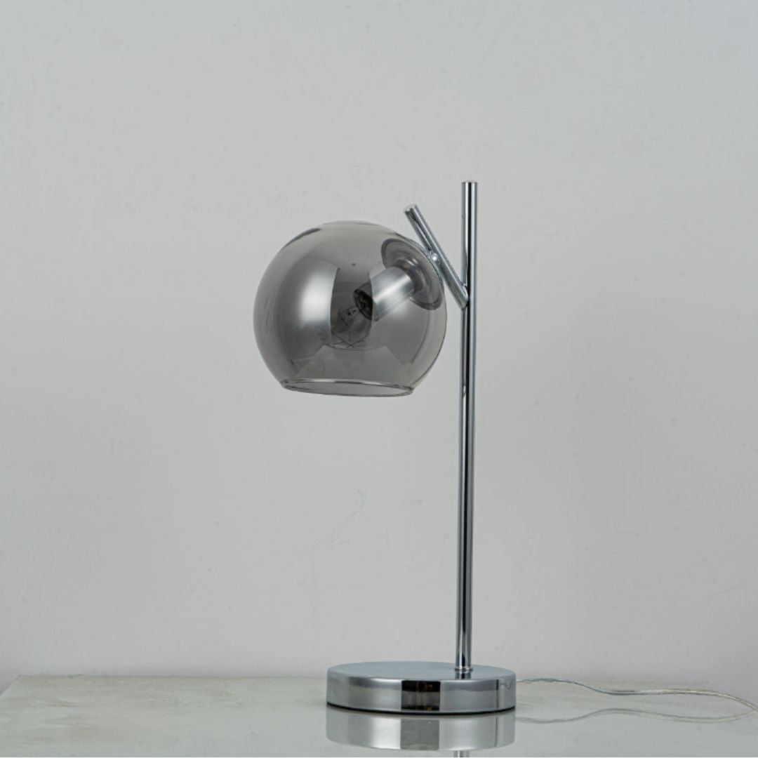 Freyza - Chrome & Smoke Glass Table Lamp | Modern Stacked Sphere Design | Elegant Bedside & Living Room Accent Light with Fabric Shade