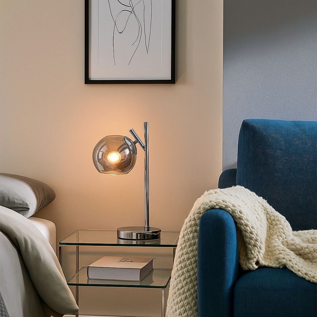 Freyza - Chrome & Smoke Glass Table Lamp | Modern Stacked Sphere Design | Elegant Bedside & Living Room Accent Light with Fabric Shade