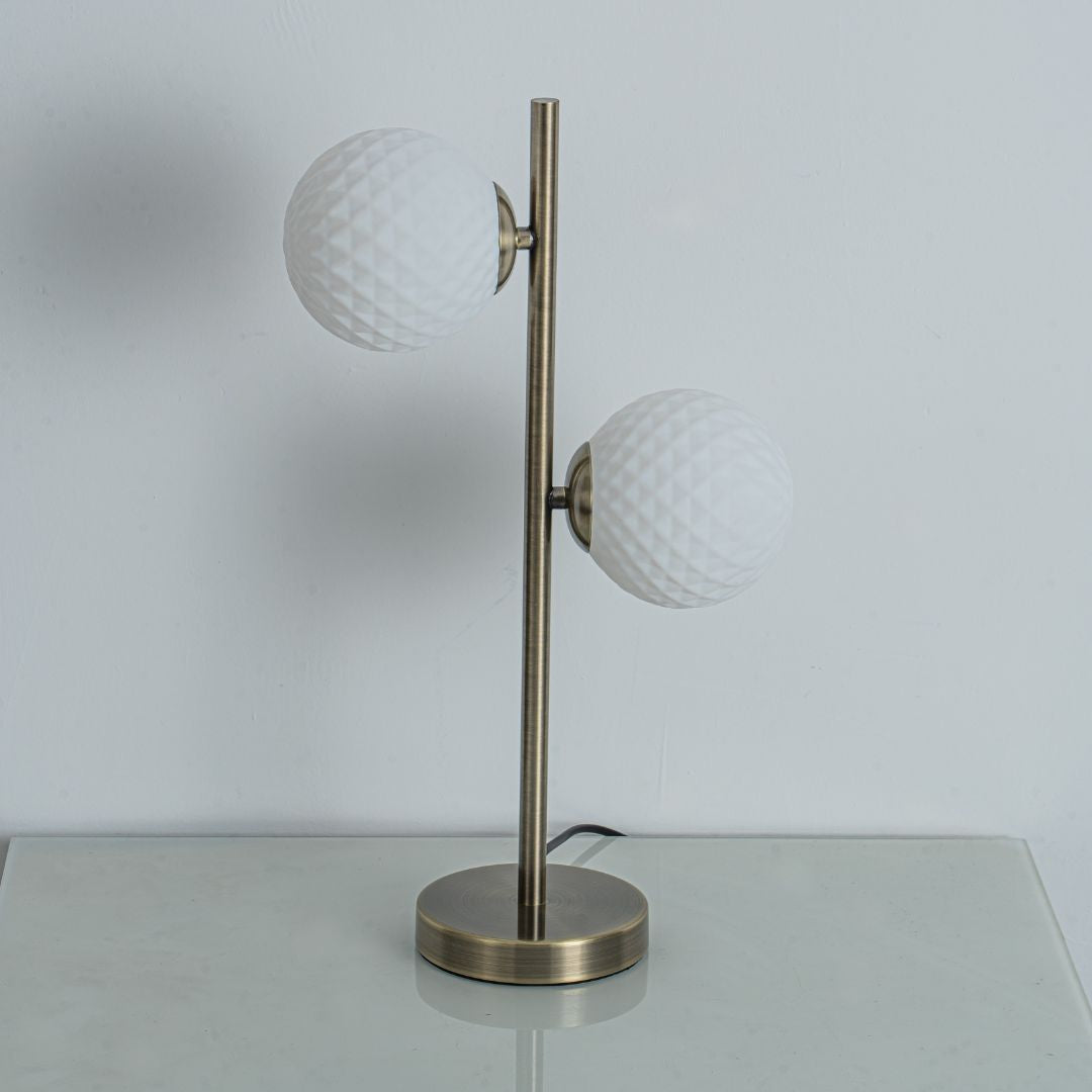 Freyza – Lior 2-Light Antique Brass & Glass Table Lamp | Dual Bulb Indoor Lamp with Clear Glass Shades