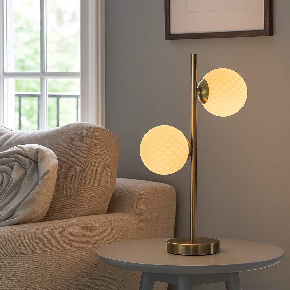 Freyza – Lior 2-Light Antique Brass & Glass Table Lamp | Dual Bulb Indoor Lamp with Clear Glass Shades