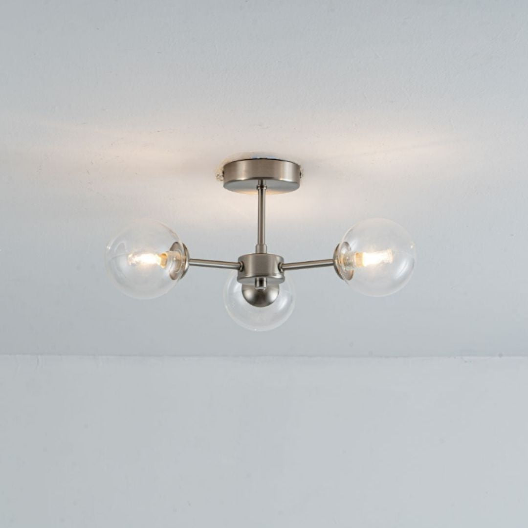 Freyza – 3-Light Satin Nickel & Clear Glass Semi-Flush Ceiling Light | Metal Indoor Fixture with Glass Shades