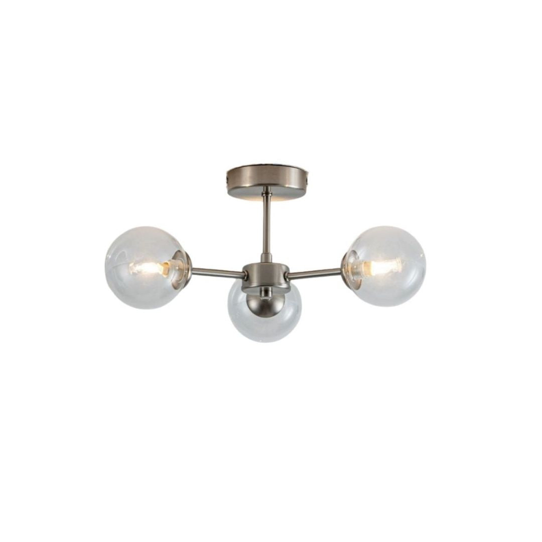 Freyza – 3-Light Satin Nickel & Clear Glass Semi-Flush Ceiling Light | Metal Indoor Fixture with Glass Shades