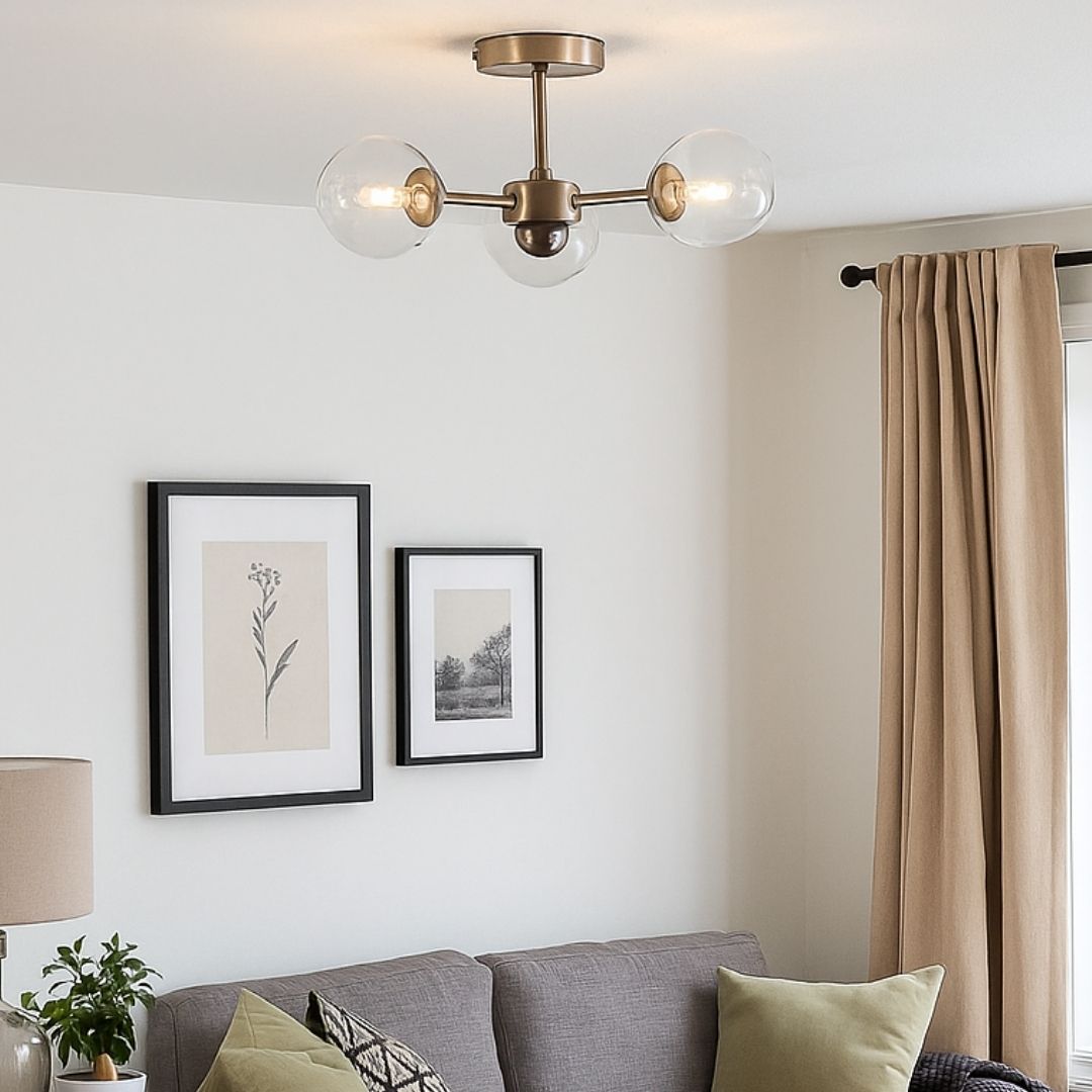 Freyza – 3-Light Satin Nickel & Clear Glass Semi-Flush Ceiling Light | Metal Indoor Fixture with Glass Shades