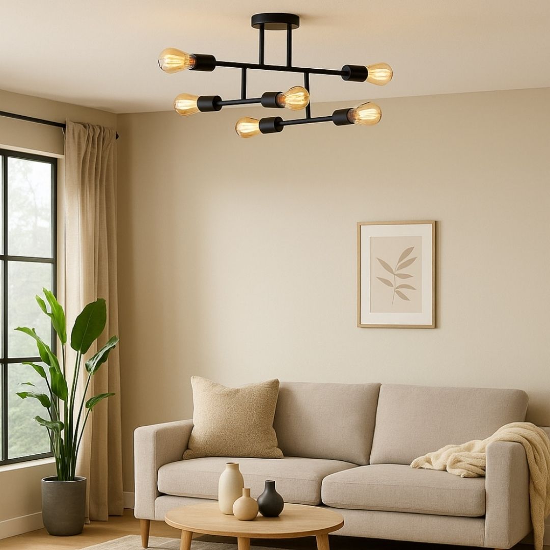 Freyza – 6-Light Black Semi-Flush Ceiling Light | Multi-Arm Indoor Lighting Fixture with Clear Glass Shades