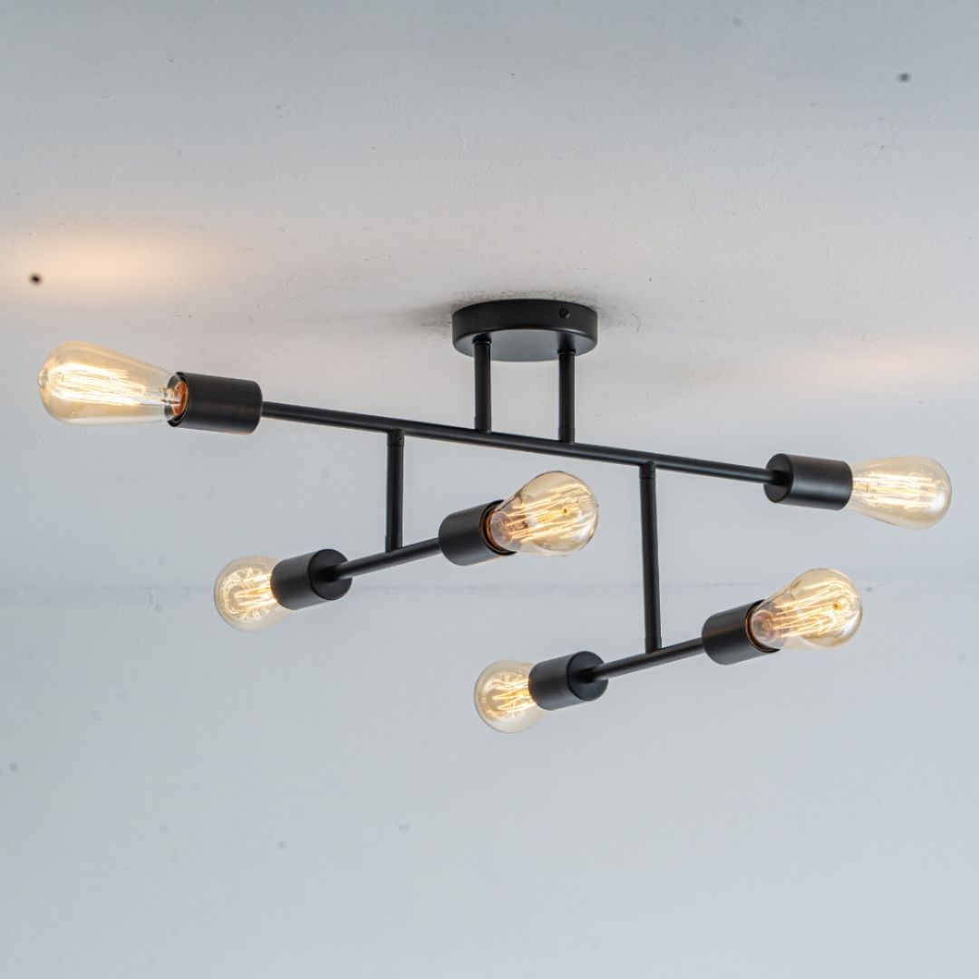 Freyza – 6-Light Black Semi-Flush Ceiling Light | Multi-Arm Indoor Lighting Fixture with Clear Glass Shades