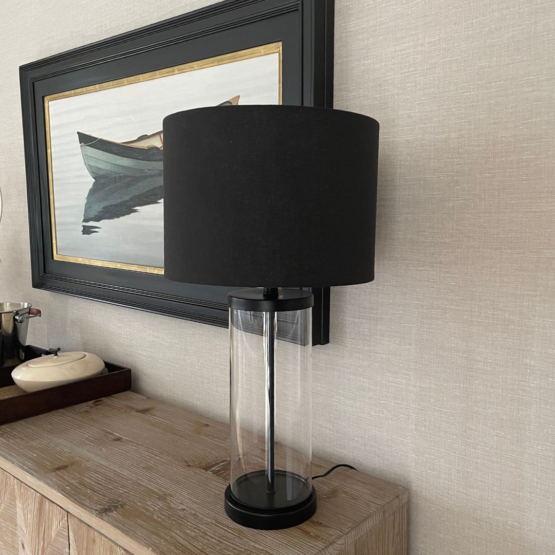 Freyza - Black & Glass Table Lamp | Simple Elegant Design with Clear Glass Base | Sophisticated Accent Lighting for Bedroom & Living Room