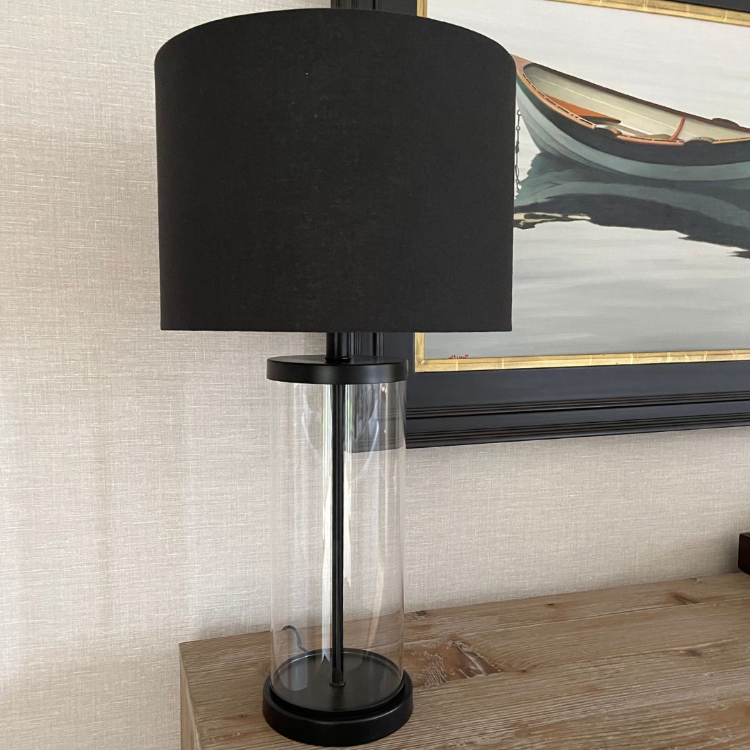 Freyza - Black & Glass Table Lamp | Simple Elegant Design with Clear Glass Base | Sophisticated Accent Lighting for Bedroom & Living Room