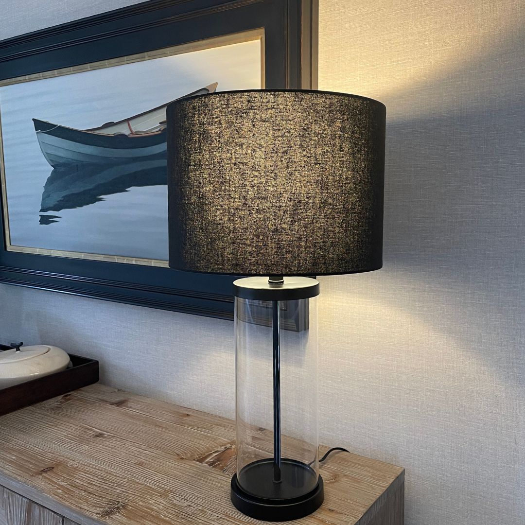 Freyza - Black & Glass Table Lamp | Simple Elegant Design with Clear Glass Base | Sophisticated Accent Lighting for Bedroom & Living Room