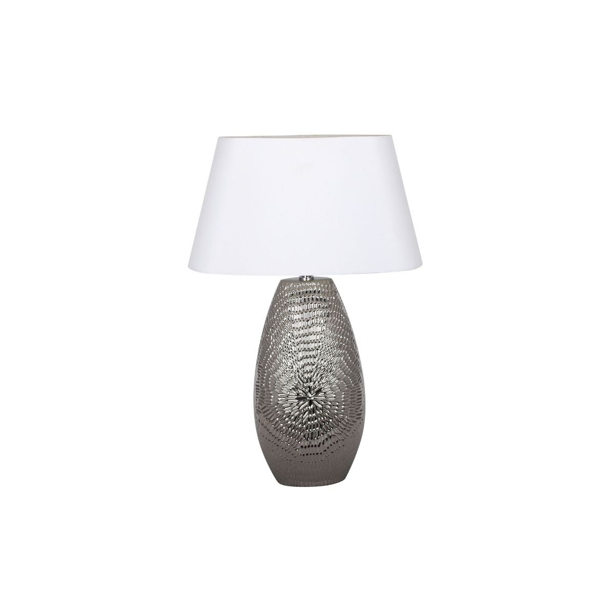 Freyza – Silver Oval Table Lamp | 62 cm Silver Finish Ceramic Base with White Fabric Shade and Single Bulb Fitting