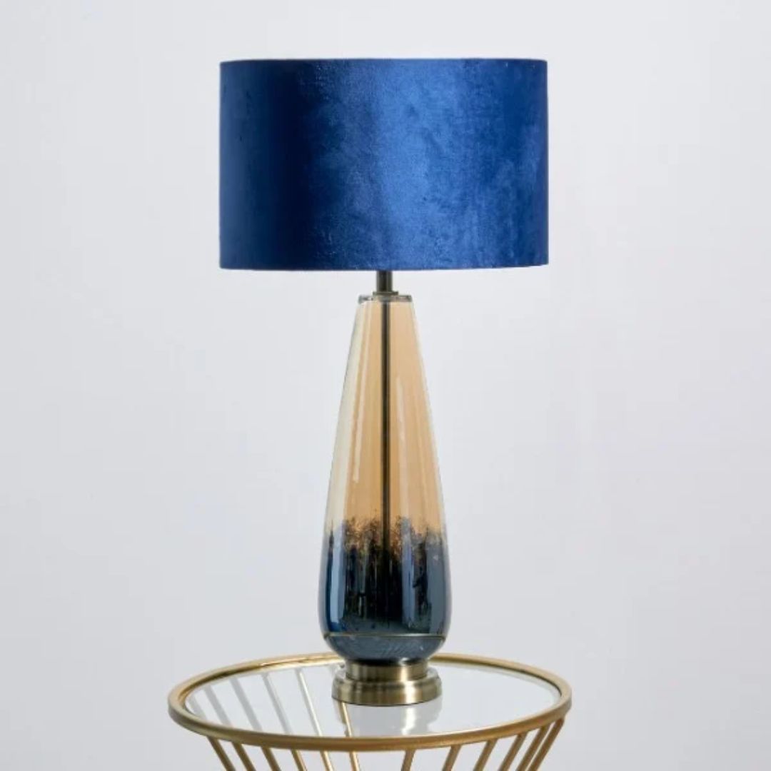 Freyza - Blue Glass Table Lamp | Ombre Metallic Base with Royal Blue Velvet Shade | Modern Statement Lighting for Living Room & Bedroom