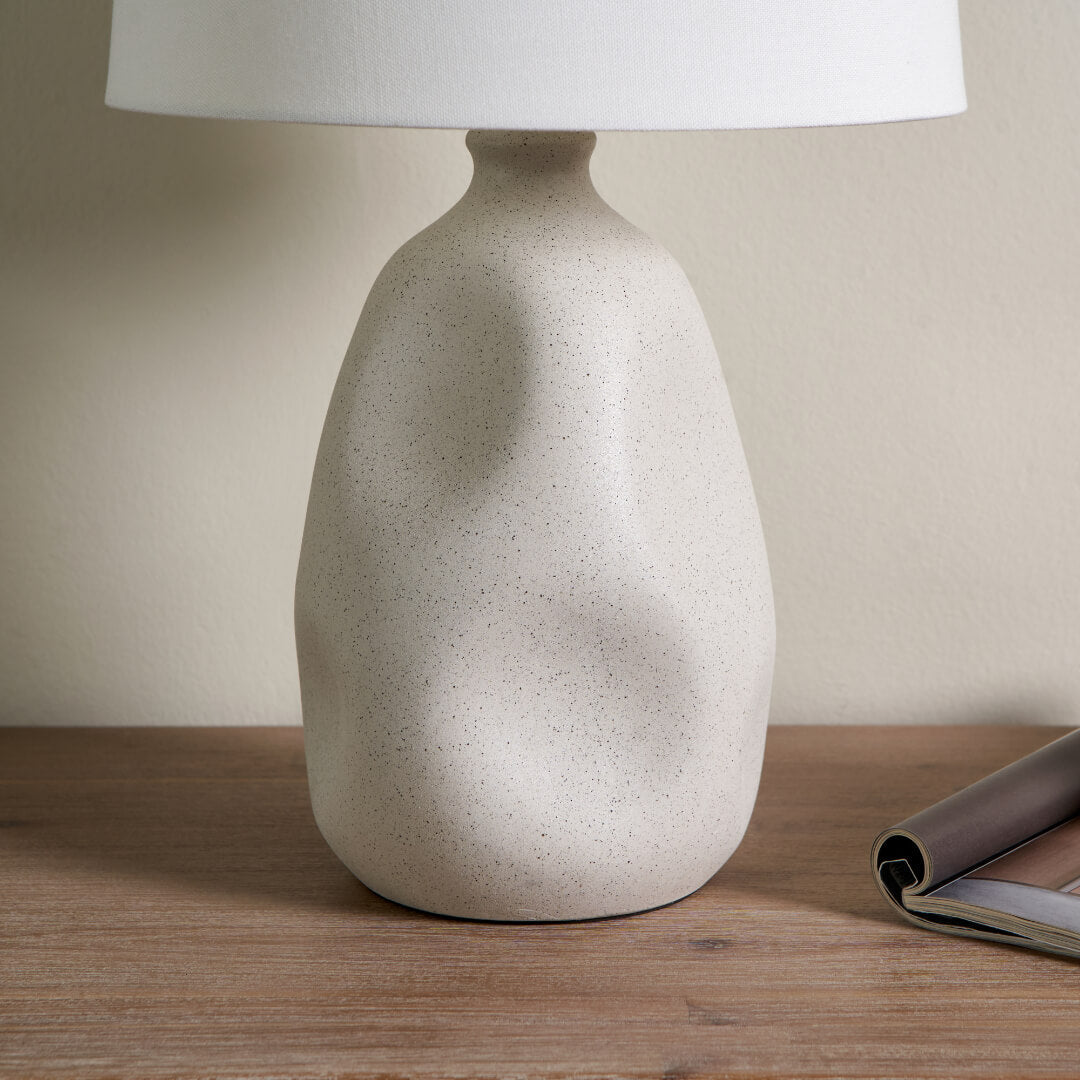 Freyza – Cream Ceramic Table Lamp | Organic Sculpted Base with Natural Fabric Shade and SES14 Bulb Fitting