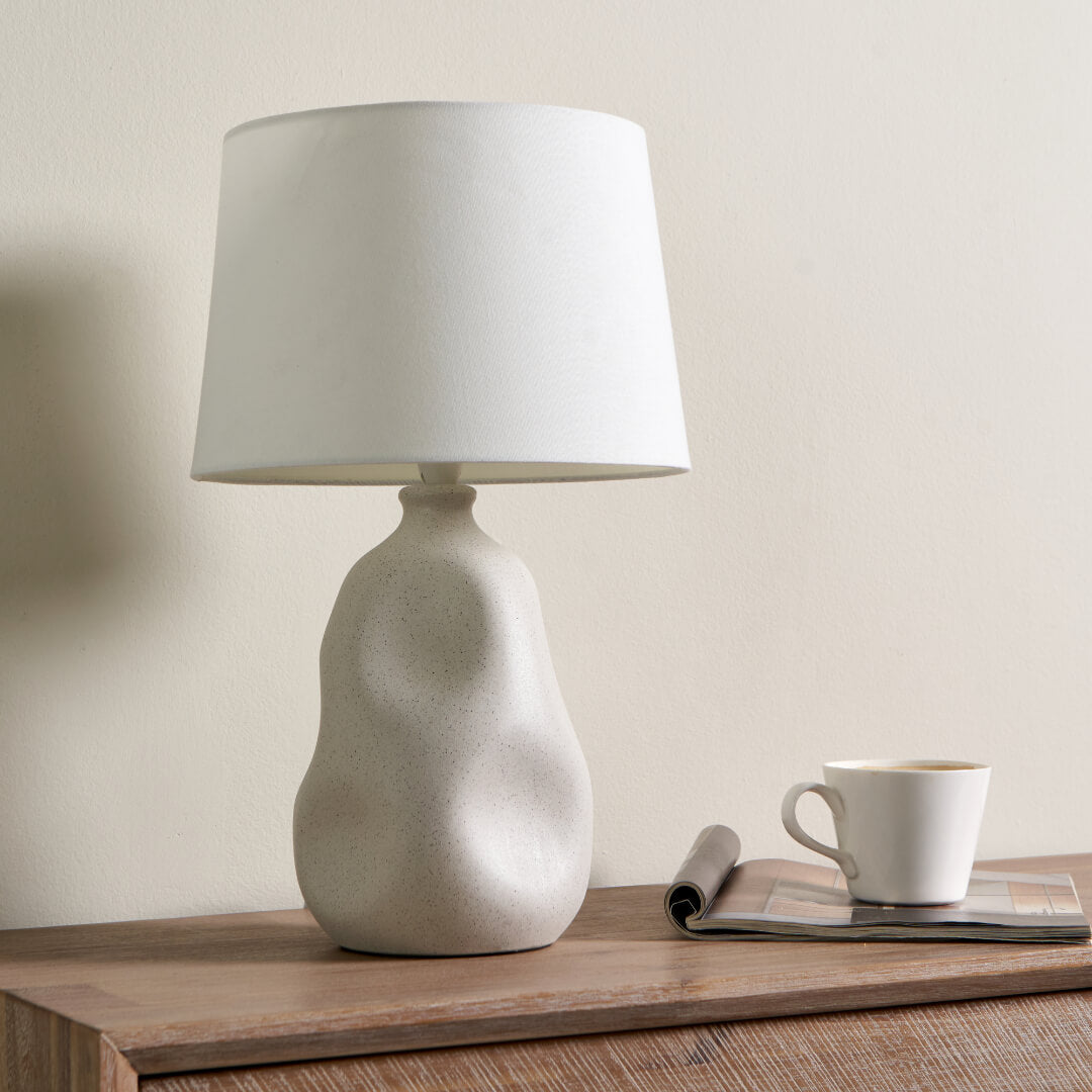 Freyza – Cream Ceramic Table Lamp | Organic Sculpted Base with Natural Fabric Shade and SES14 Bulb Fitting