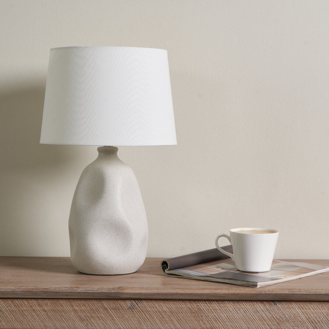 Freyza – Cream Ceramic Table Lamp | Organic Sculpted Base with Natural Fabric Shade and SES14 Bulb Fitting