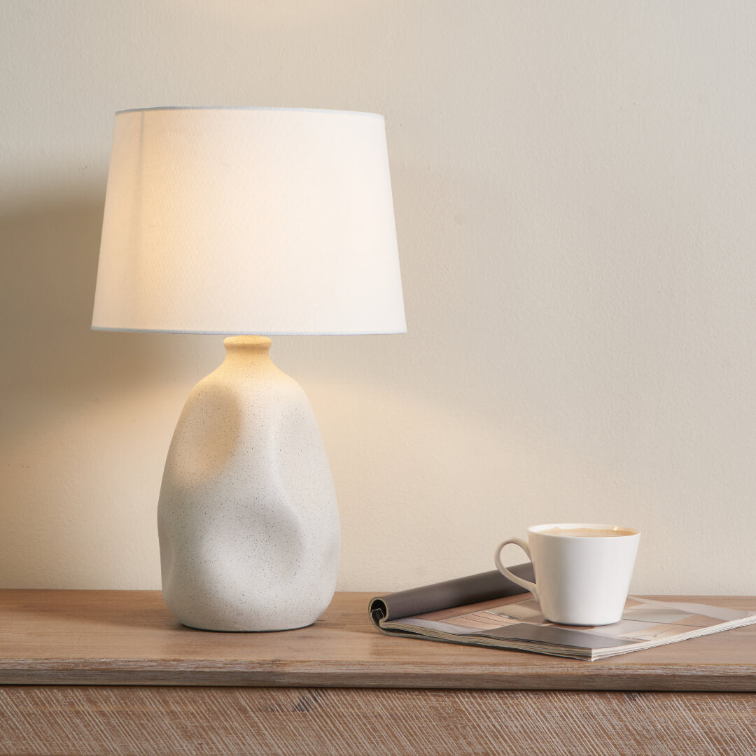 Freyza – Cream Ceramic Table Lamp | Organic Sculpted Base with Natural Fabric Shade and SES14 Bulb Fitting