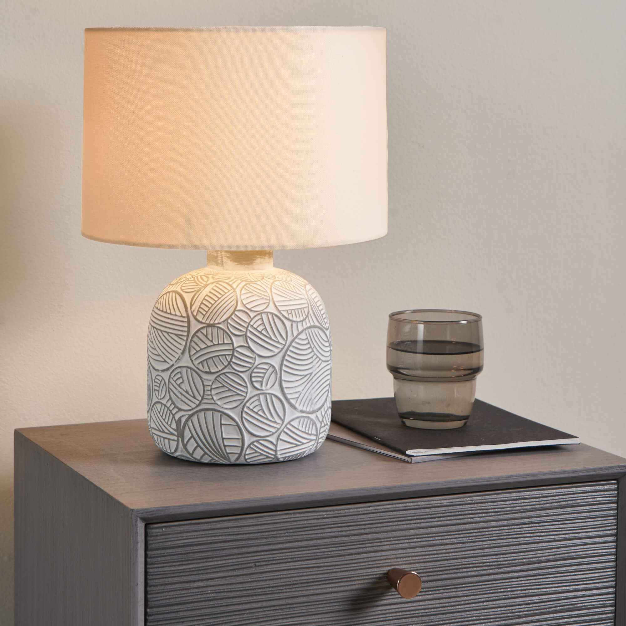 Freyza - Gloria Neutral Table Lamp | Textured Geometric Ceramic Base with Fabric Shade | Versatile Accent Lighting for Modern & Traditional Homes