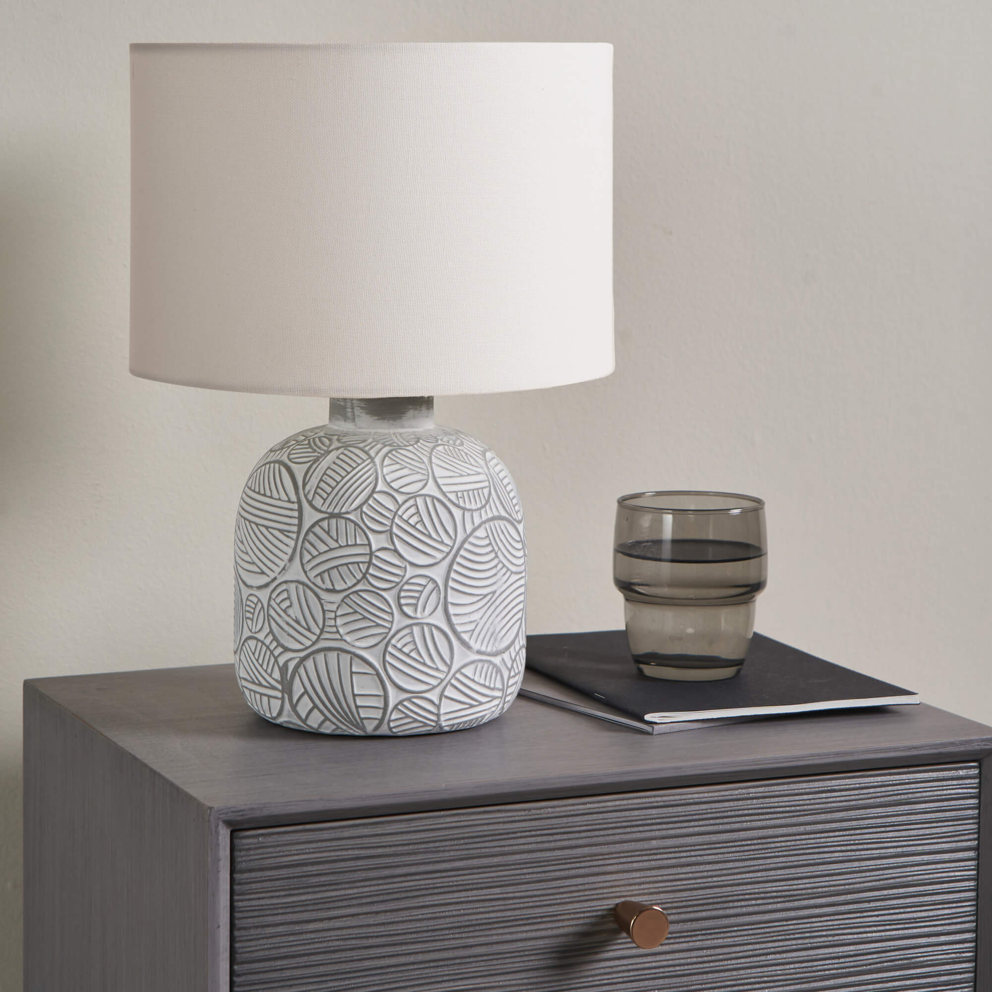 Freyza - Gloria Neutral Table Lamp | Textured Geometric Ceramic Base with Fabric Shade | Versatile Accent Lighting for Modern & Traditional Homes