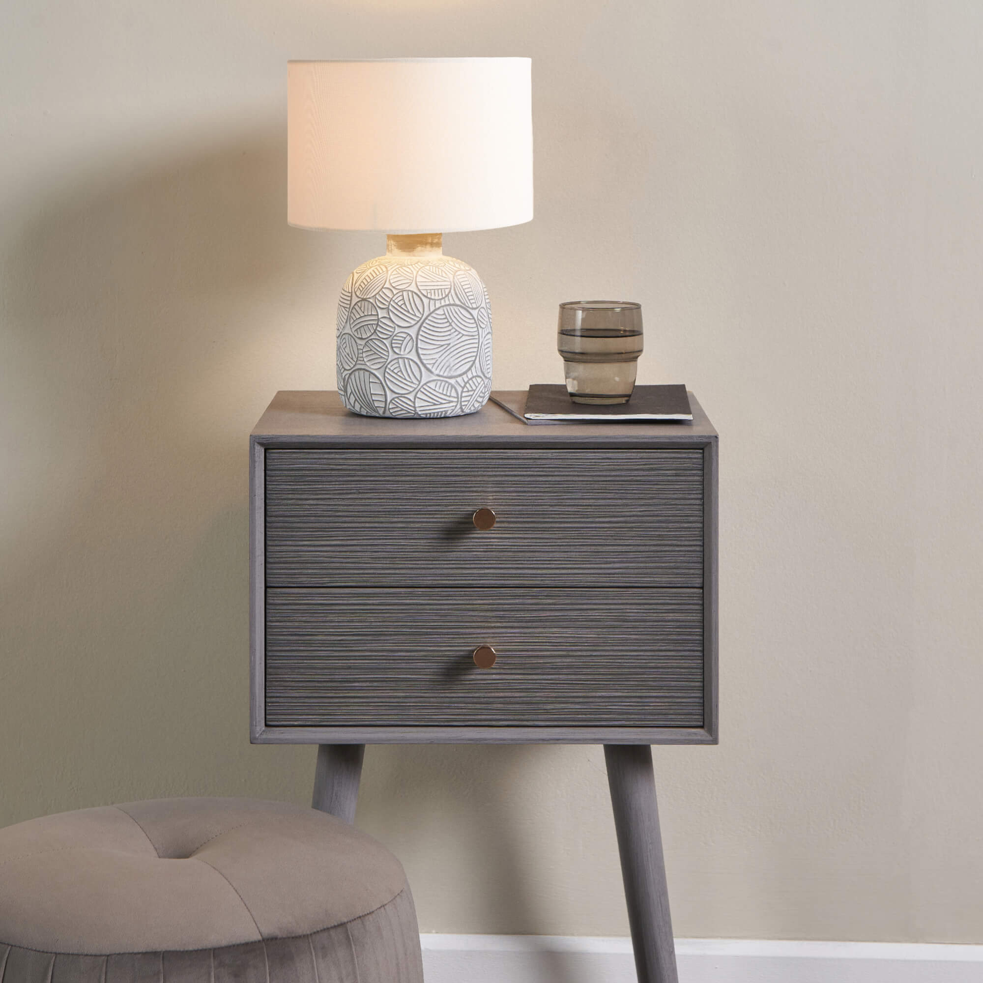 Freyza - Gloria Neutral Table Lamp | Textured Geometric Ceramic Base with Fabric Shade | Versatile Accent Lighting for Modern & Traditional Homes