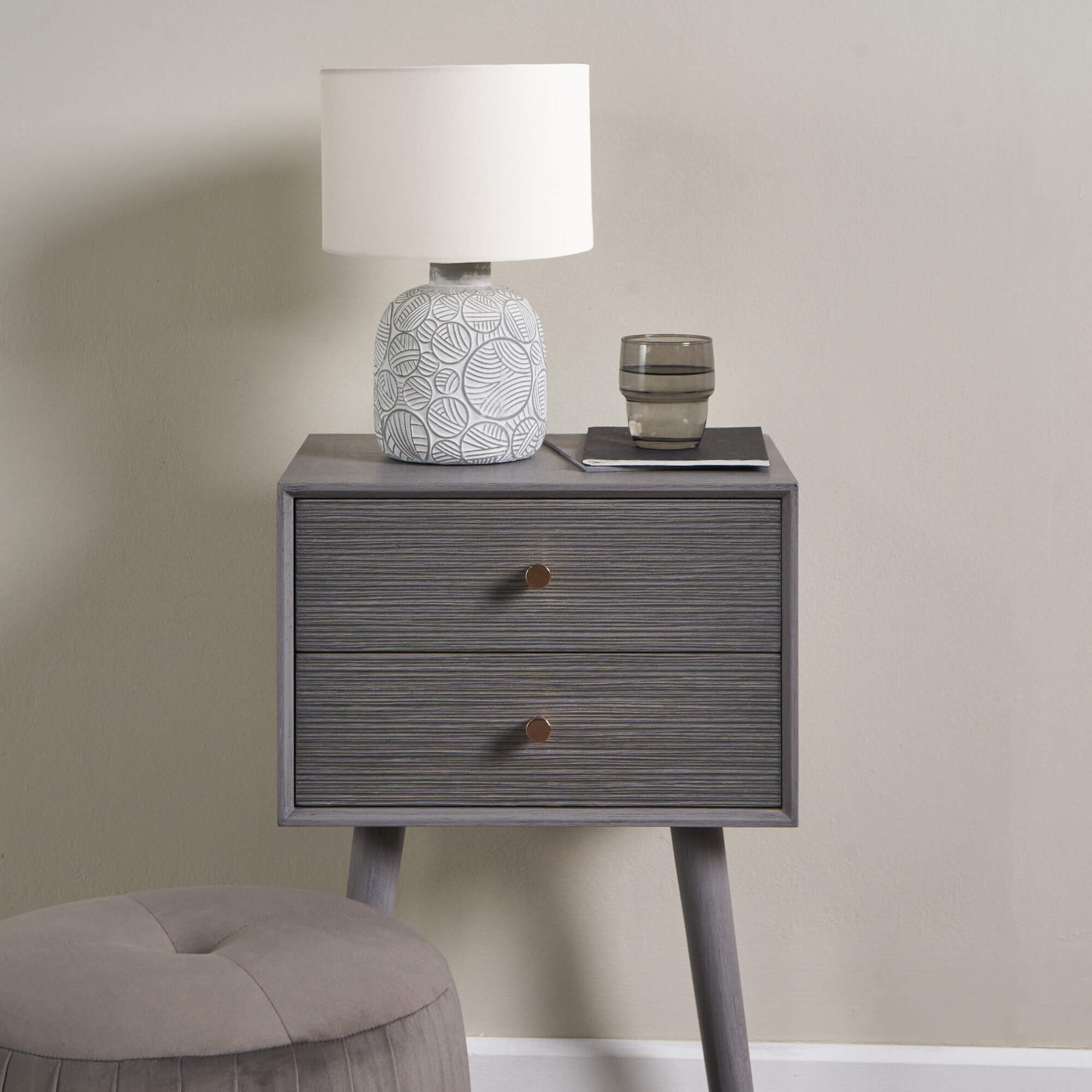 Freyza - Gloria Neutral Table Lamp | Textured Geometric Ceramic Base with Fabric Shade | Versatile Accent Lighting for Modern & Traditional Homes