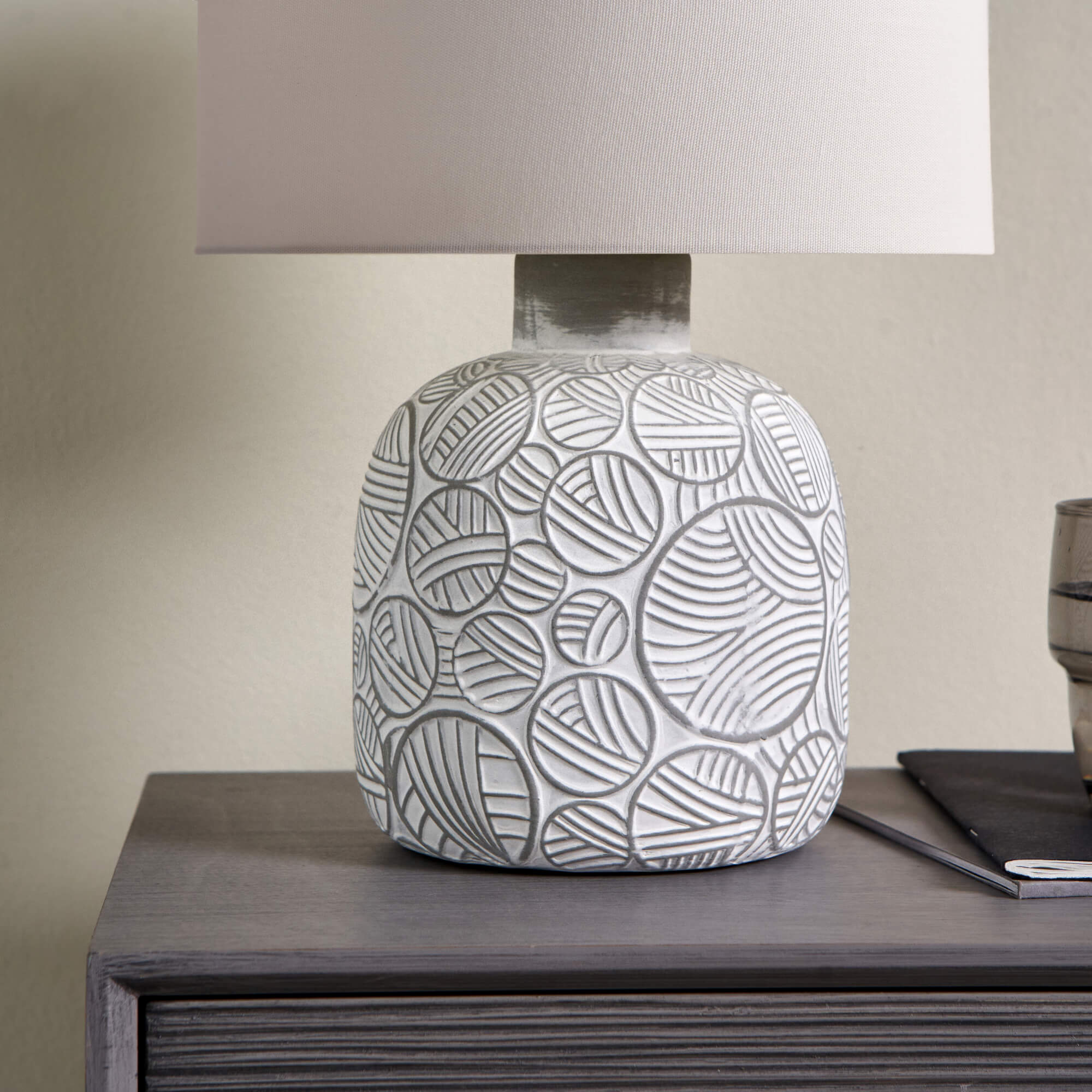 Freyza - Gloria Neutral Table Lamp | Textured Geometric Ceramic Base with Fabric Shade | Versatile Accent Lighting for Modern & Traditional Homes