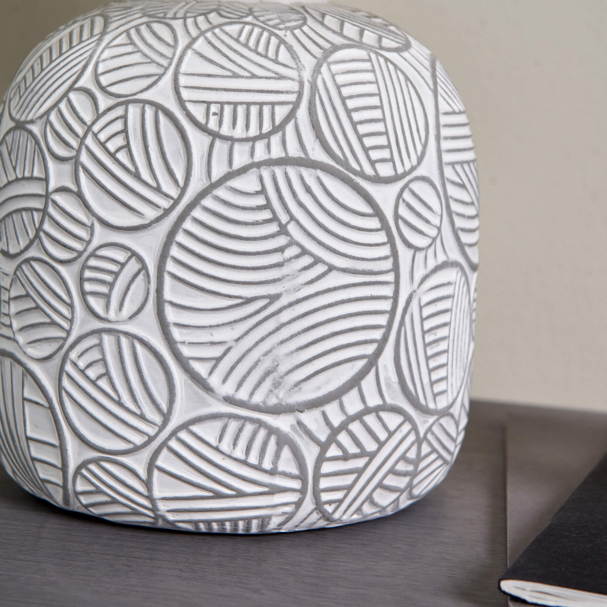 Freyza - Gloria Neutral Table Lamp | Textured Geometric Ceramic Base with Fabric Shade | Versatile Accent Lighting for Modern & Traditional Homes
