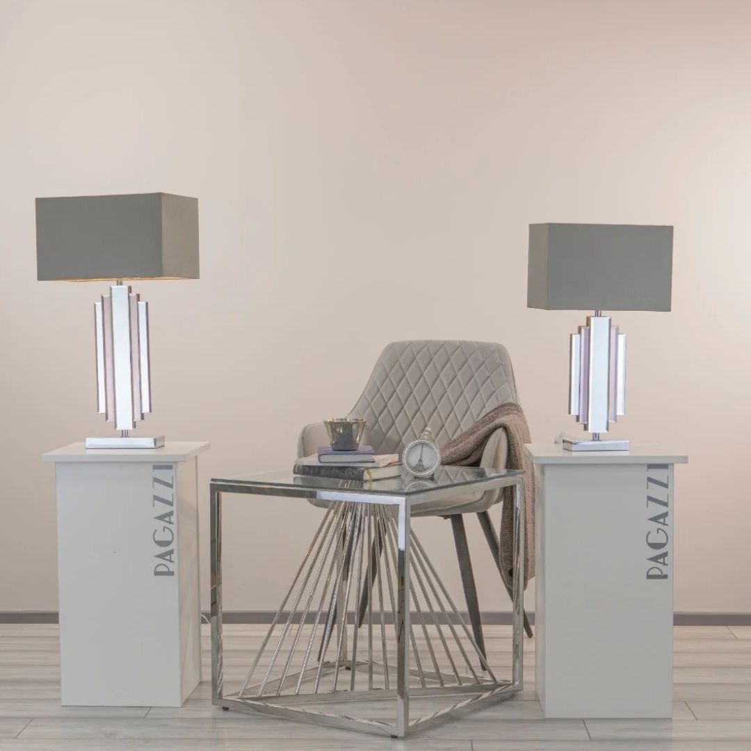 Freyza - Harlow 51cm Table Lamp | Polished Chrome & Mirrored Base | Contemporary Silver Light with Rectangular Shade