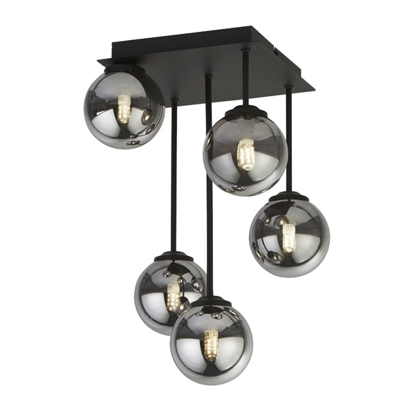 Freyza - Navarro 5 Light Black & Smoked Glass Semi Flush Ceiling Light
