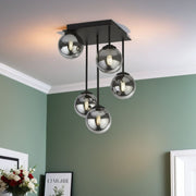 Freyza - Navarro 5 Light Black & Smoked Glass Semi Flush Ceiling Light