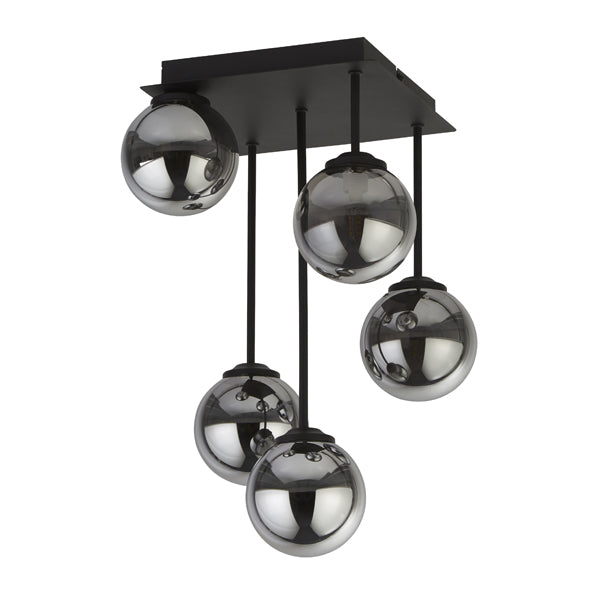 Freyza - Navarro 5 Light Black & Smoked Glass Semi Flush Ceiling Light
