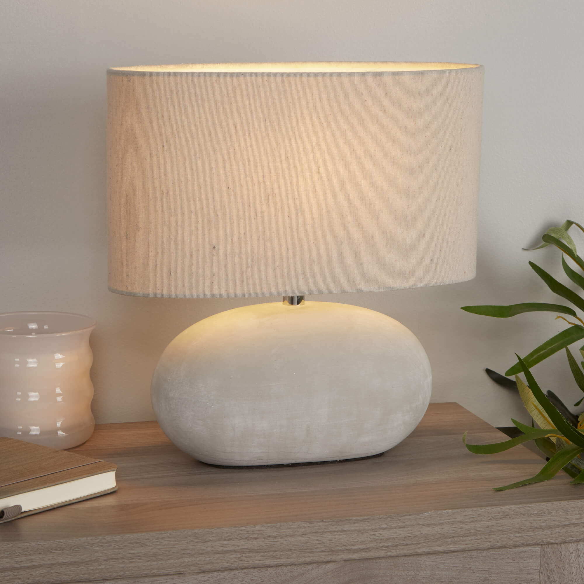 Freyza - Grey Ceramic Table Lamp | Oval Design with Cream Fabric Shade | Modern Minimalist Lighting for Living Room & Bedroom