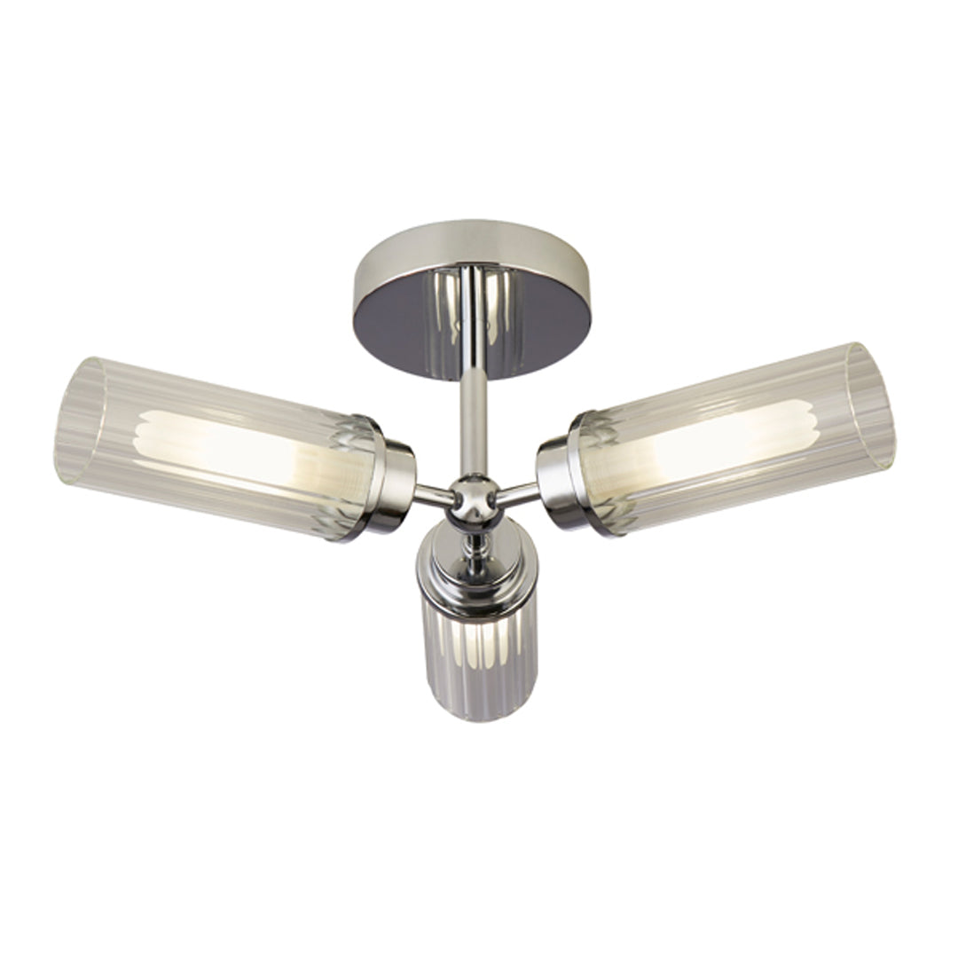 Freyza - Bathroom Ceiling Flush Light | 3-Light Chrome Fixture with Ridged Glass Shades | IP44 Rated Modern Lighting for Damp Environments