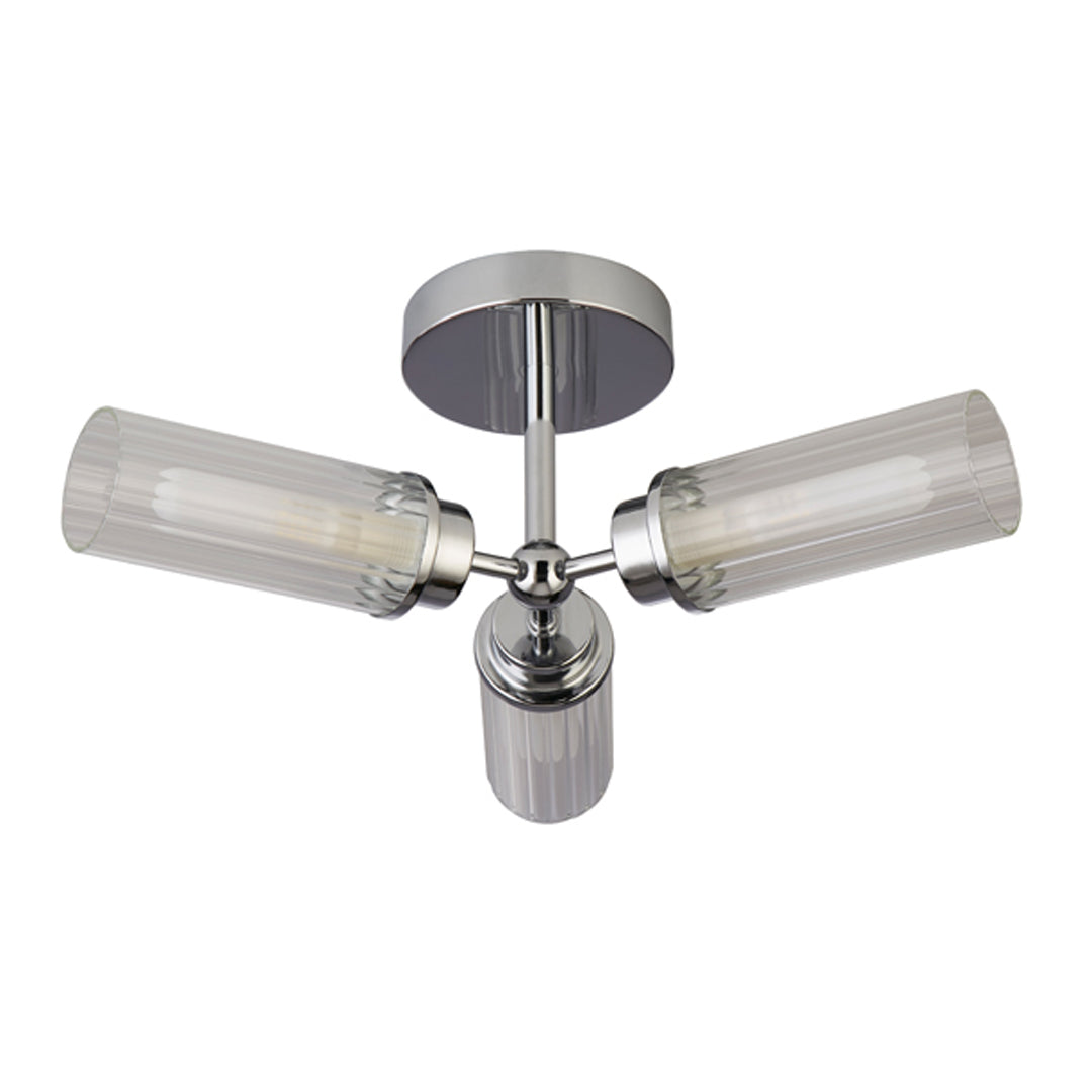 Freyza - Bathroom Ceiling Flush Light | 3-Light Chrome Fixture with Ridged Glass Shades | IP44 Rated Modern Lighting for Damp Environments