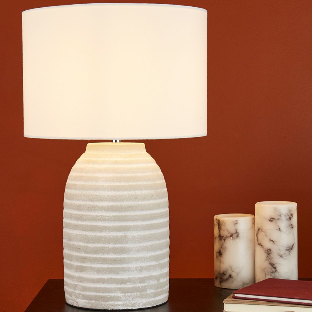Freyza - Cream Ceramic Table Lamp | Sophisticated White & Grey Textured Base | Elegant Bedside & Living Room Lighting with Fabric Shade