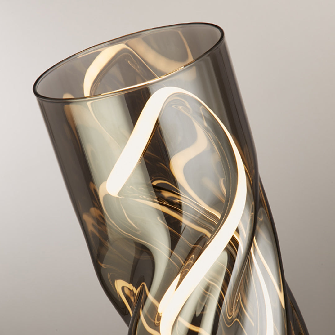 Freyza - Smoked Glass LED Table Lamp | Contemporary Twisted Cylinder Base Design | Warm White Integrated LED Light for Modern Living Spaces