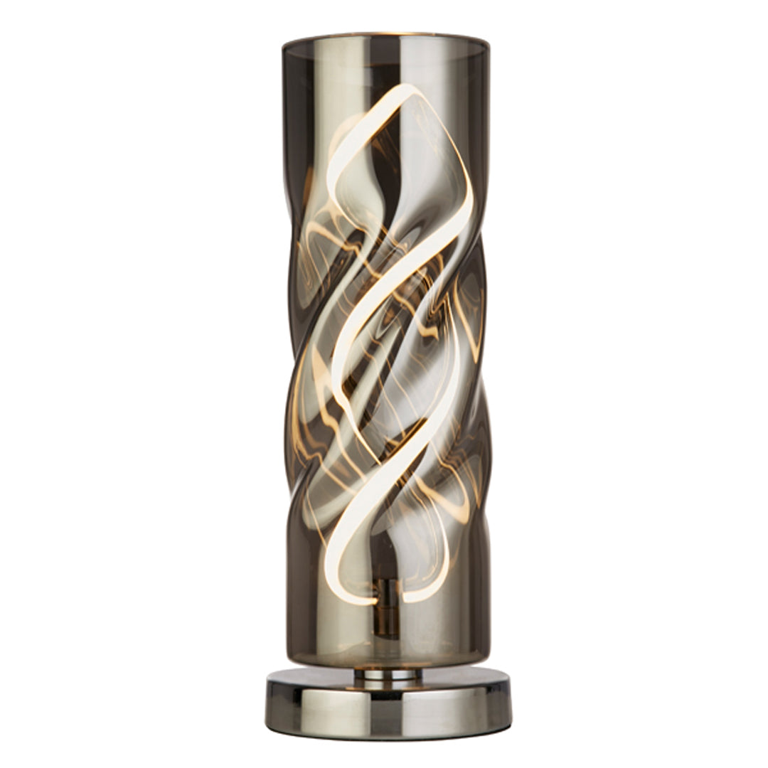 Freyza - Smoked Glass LED Table Lamp | Contemporary Twisted Cylinder Base Design | Warm White Integrated LED Light for Modern Living Spaces