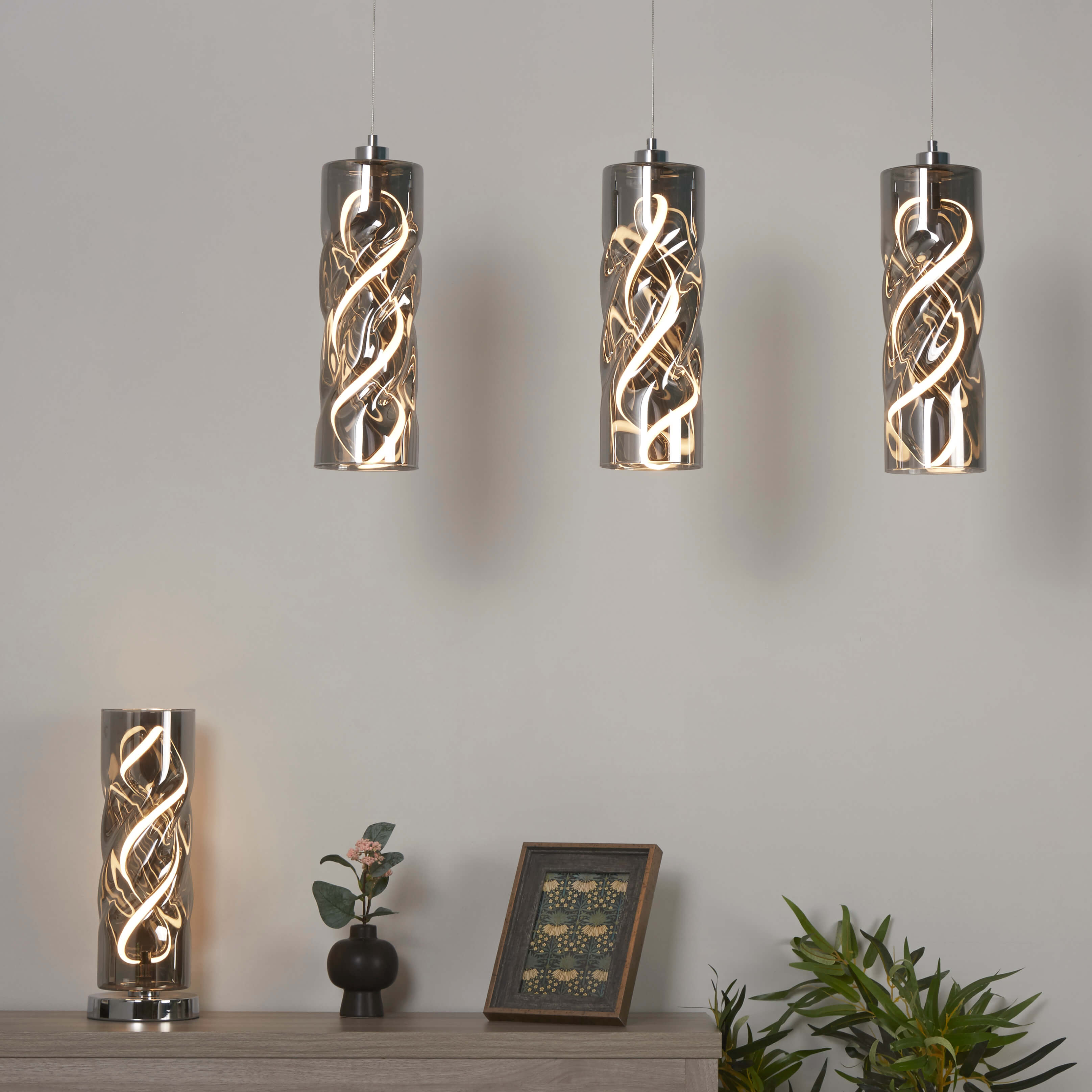Freyza - Smoked Glass LED Table Lamp | Contemporary Twisted Cylinder Base Design | Warm White Integrated LED Light for Modern Living Spaces