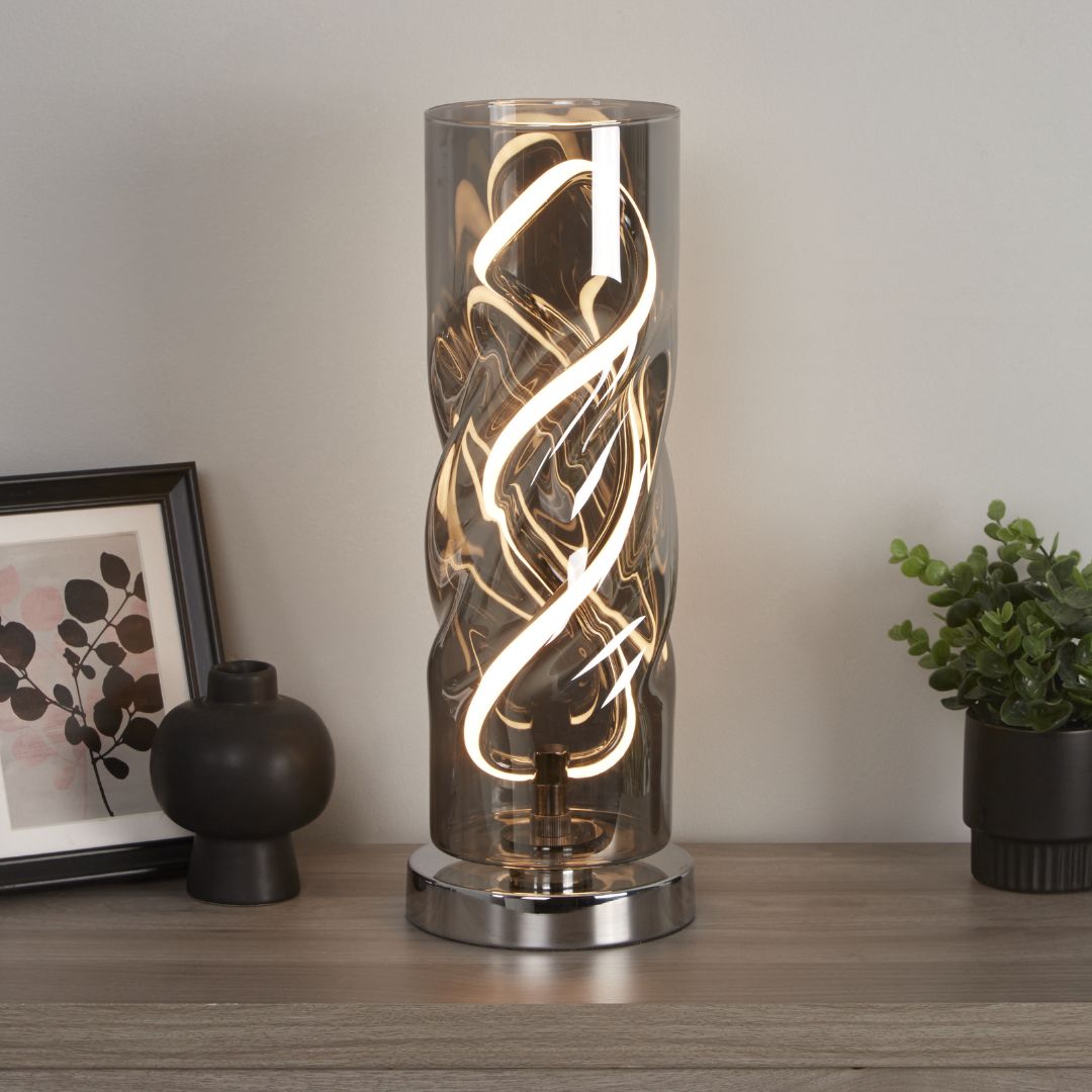 Freyza - Smoked Glass LED Table Lamp | Contemporary Twisted Cylinder Base Design | Warm White Integrated LED Light for Modern Living Spaces