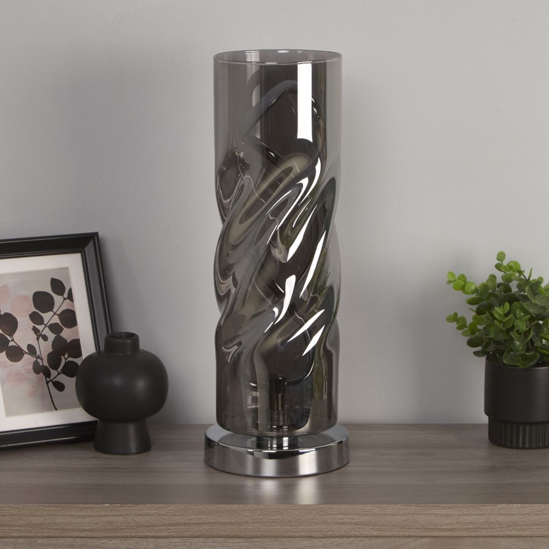 Freyza - Smoked Glass LED Table Lamp | Contemporary Twisted Cylinder Base Design | Warm White Integrated LED Light for Modern Living Spaces