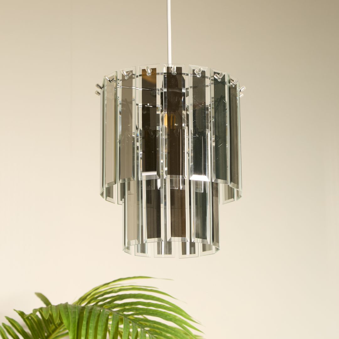 Freyza – Smoked Glass Ceiling Pendant Shade | 28 cm Smoked Glass Tiered Shade with Chrome Metal Detail