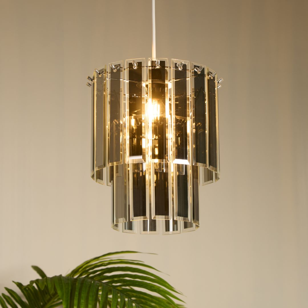Freyza – Smoked Glass Ceiling Pendant Shade | 28 cm Smoked Glass Tiered Shade with Chrome Metal Detail