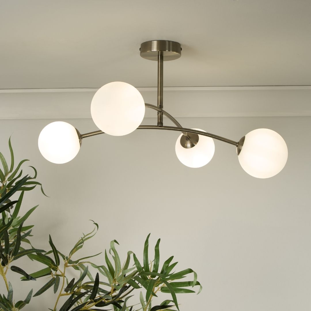 Freyza - Ellison 4 Light Antique Brass & Frosted Glass Flush Ceiling Light