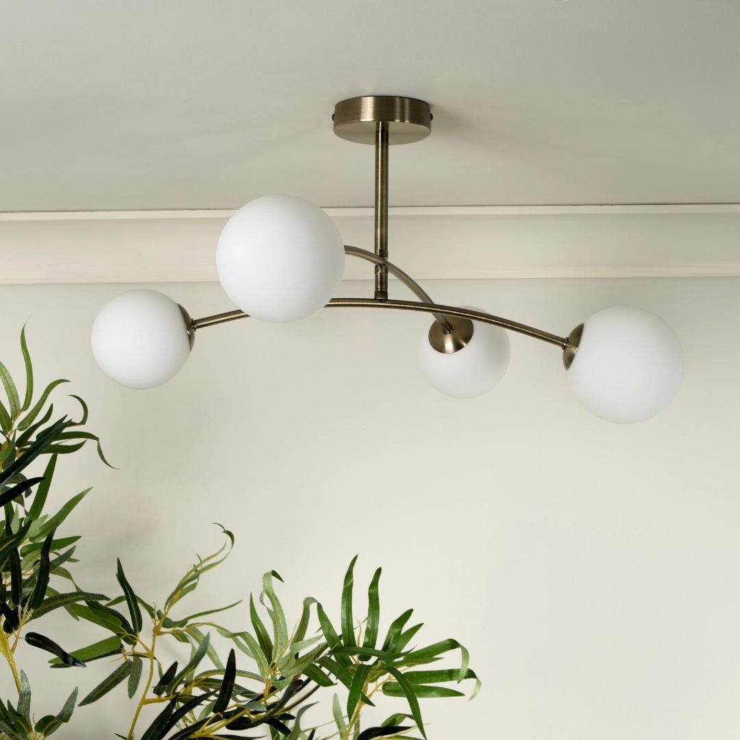 Freyza - Ellison 4 Light Antique Brass & Frosted Glass Flush Ceiling Light