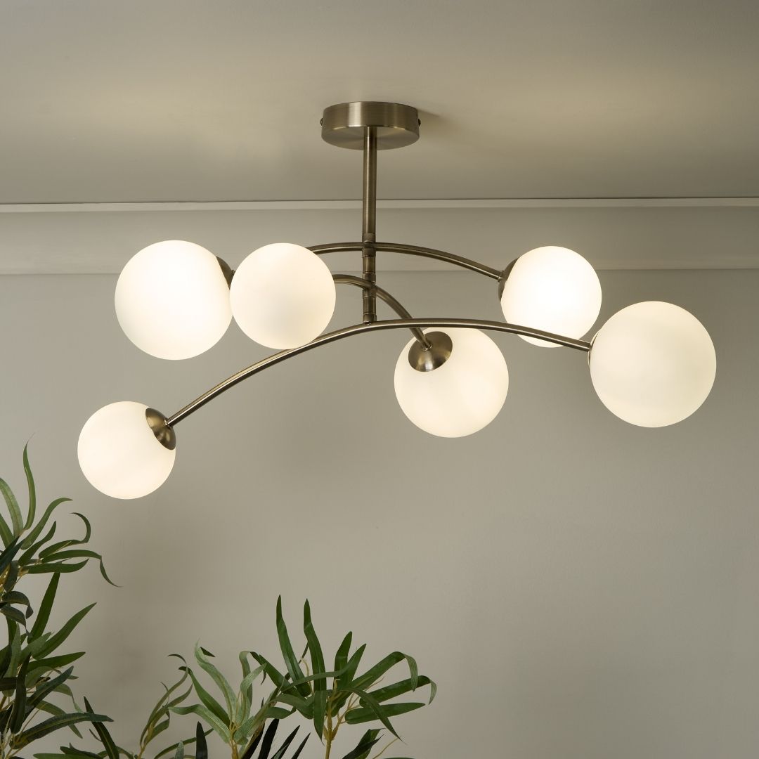 Freyza - Ellison 6 Light Antique Brass & Frosted Glass Semi-Flush Ceiling Light
