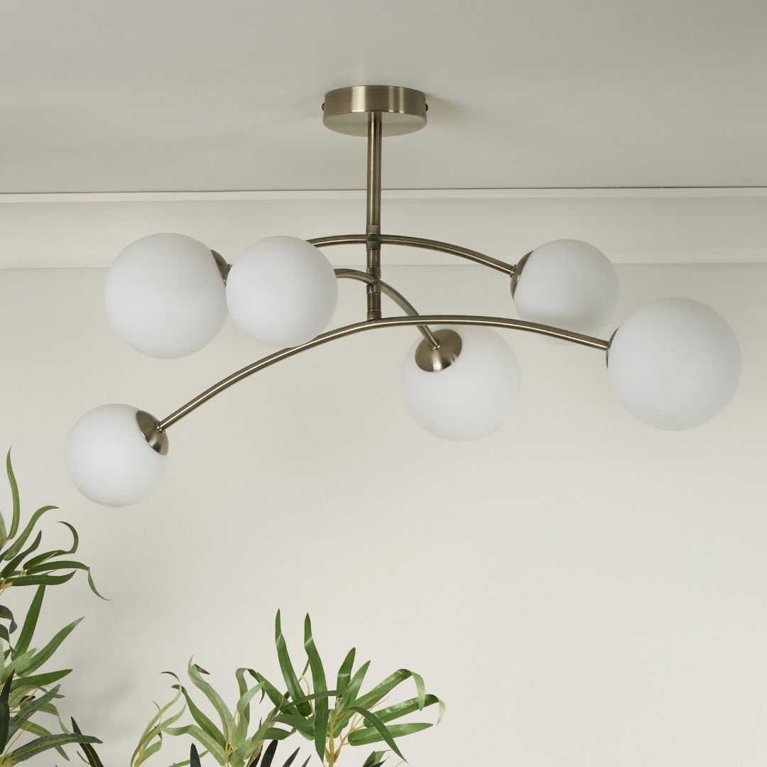 Freyza - Ellison 6 Light Antique Brass & Frosted Glass Semi-Flush Ceiling Light