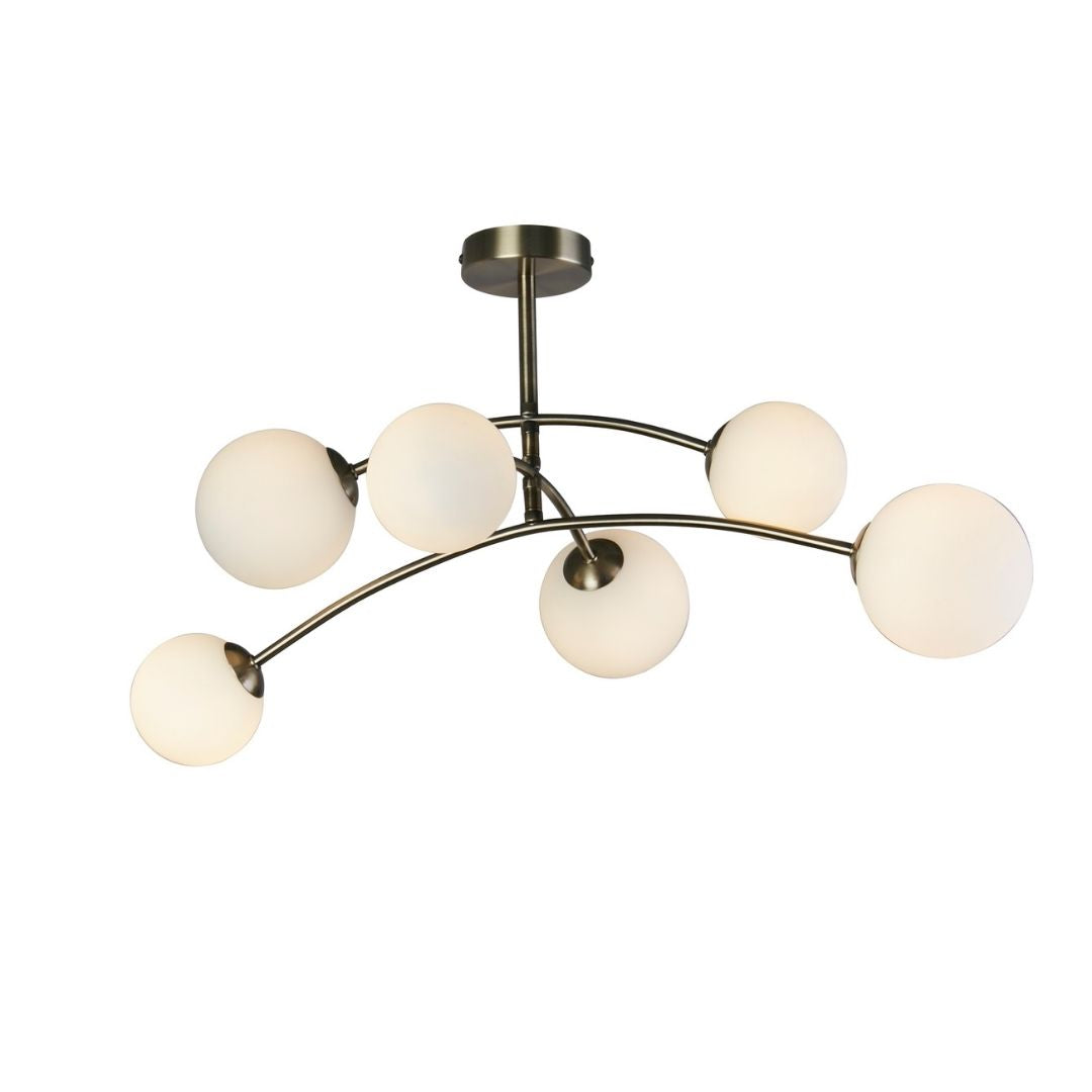 Freyza - Ellison 6 Light Antique Brass & Frosted Glass Semi-Flush Ceiling Light