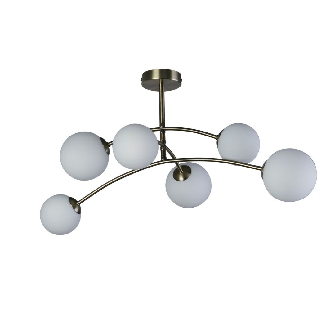 Freyza - Ellison 6 Light Antique Brass & Frosted Glass Semi-Flush Ceiling Light